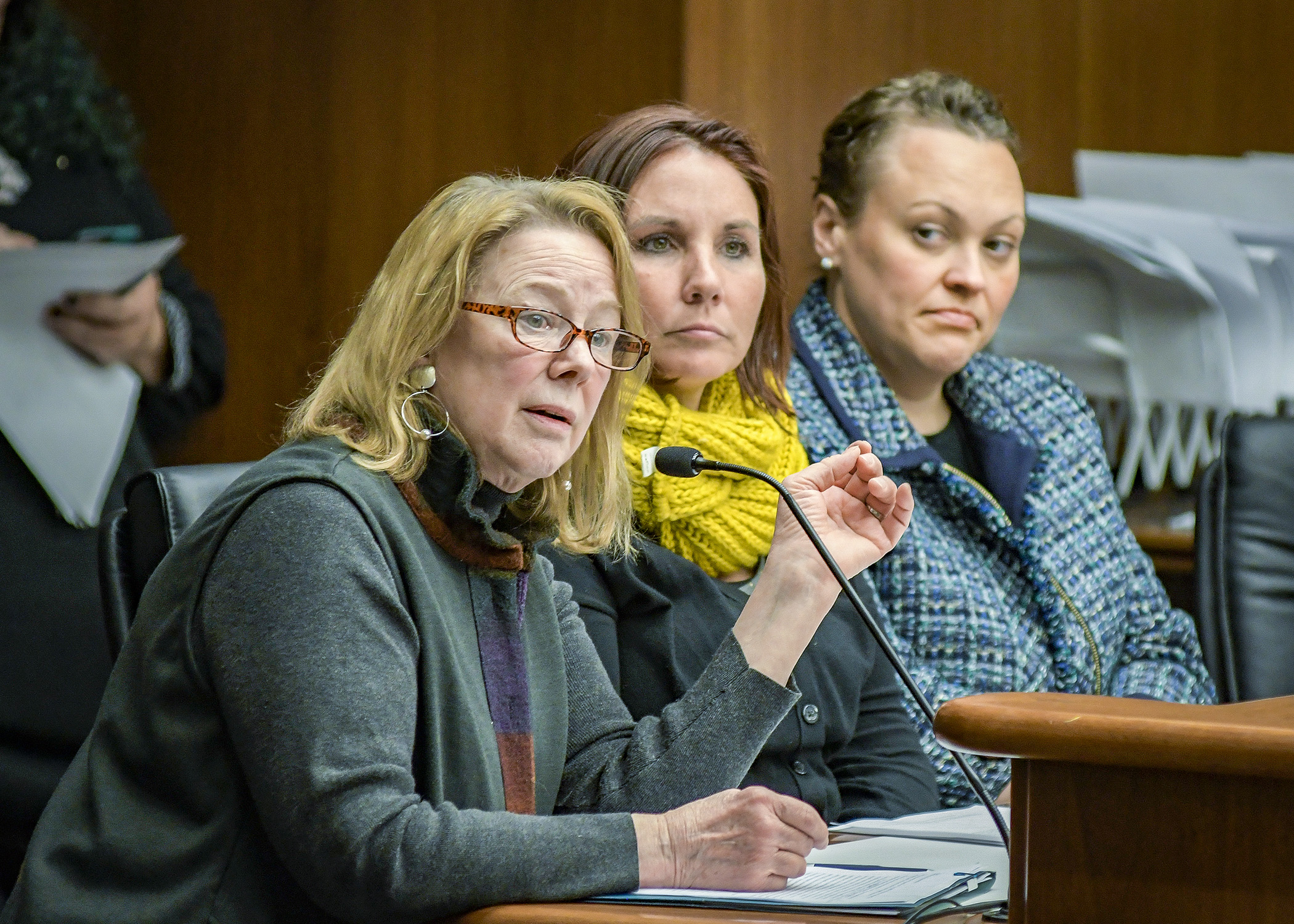 Susan Lane, left, and Tonya Honsey testify before the House Health and Human Services Finance Division March 14 in support of a bill that would establish doula services Medical Assistance reimbursement rates. Photo by Andrew VonBank